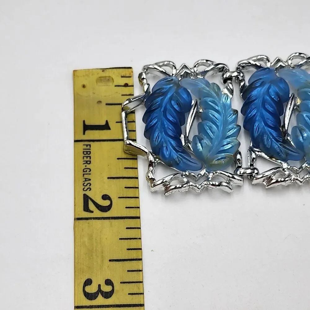 Vintage Blue Tones Thermoset Panel Wide Leaf Bracelet Cuff Mid Century 7.5
